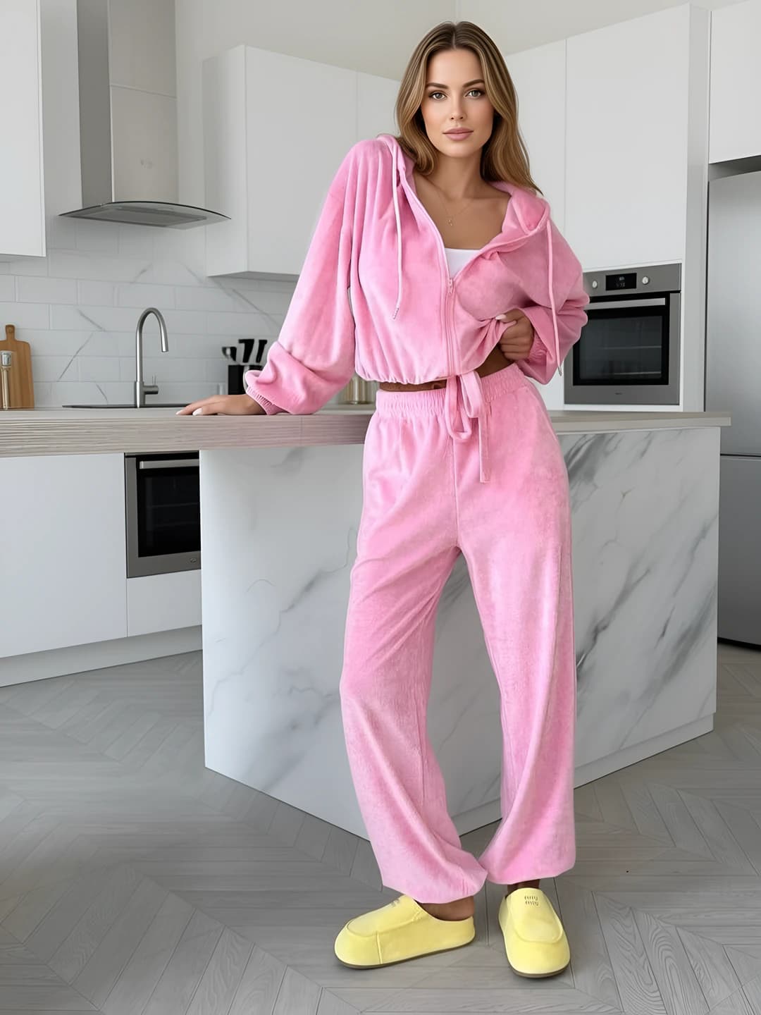 Women's casual set: zip sweatshirt and trousers, cashmere fabric, long sleeve, all-season