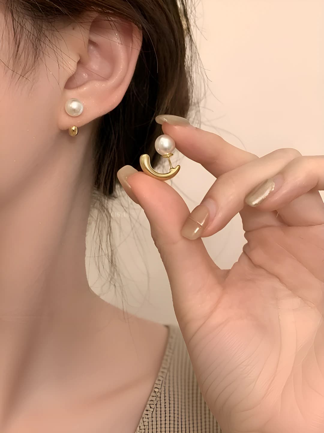 Women's two-way pearl stud earrings with 925 silver posts, geometric shape, irregular design element, Japanese-Korean style