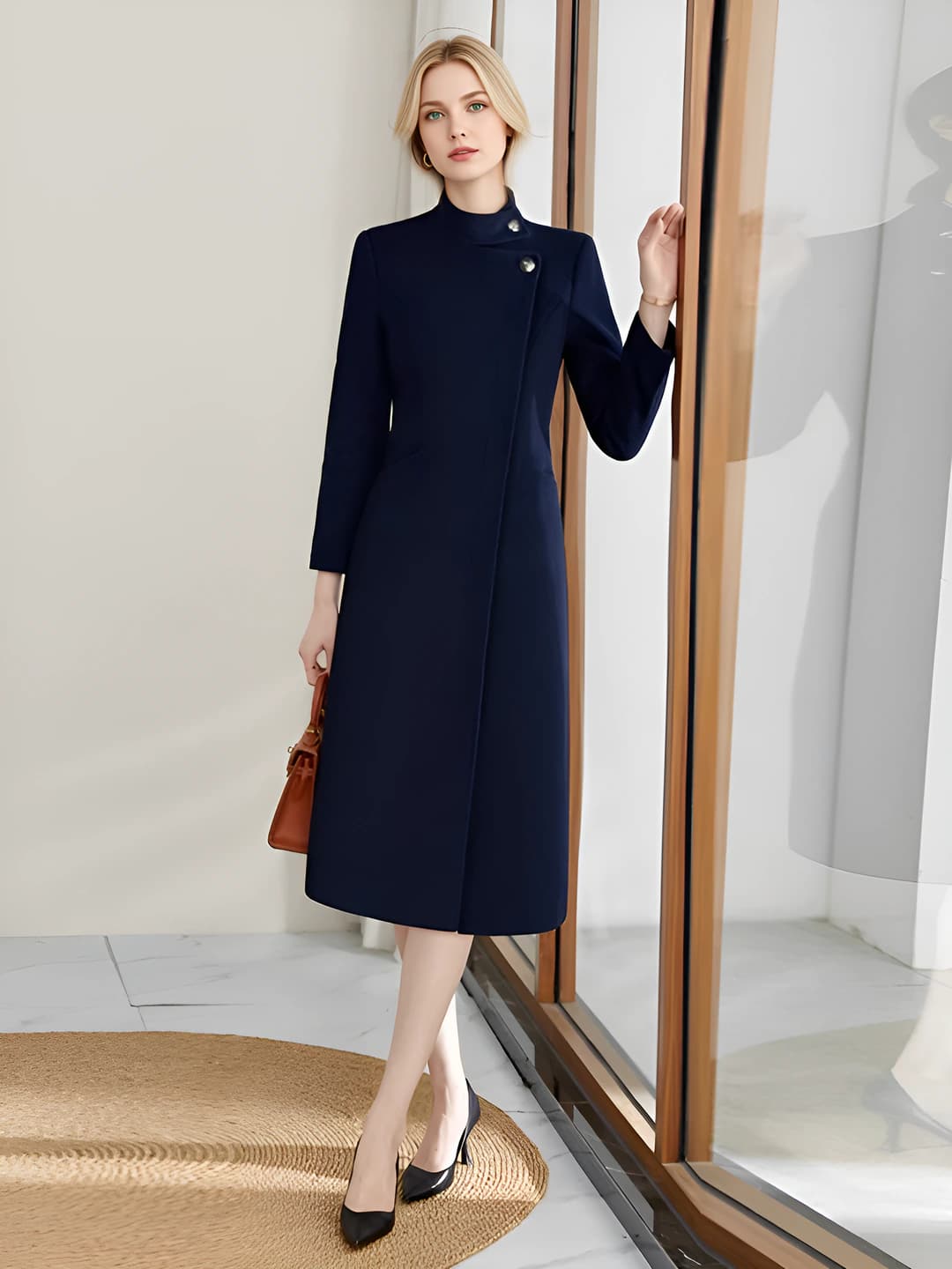Women's winter wool coat, mid-length, solid colour, long sleeve, thick, hidden closure, collar type: stacked collar