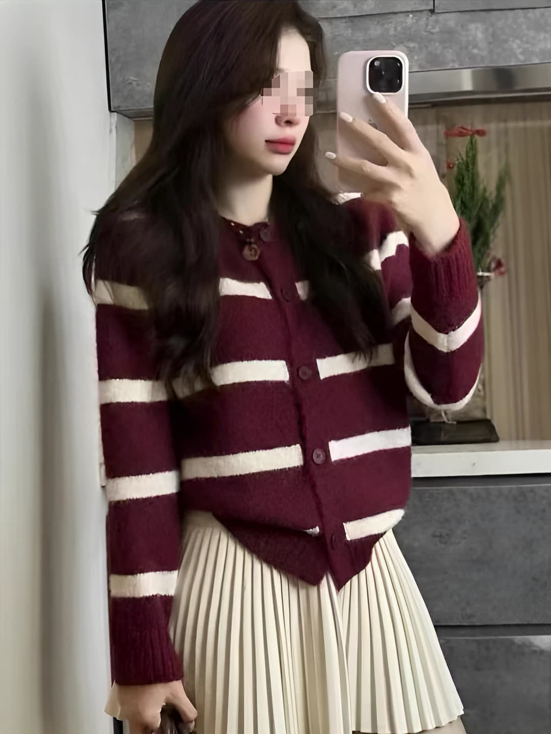 Women's striped knit cardigan with crew neck, long sleeve, casual style
