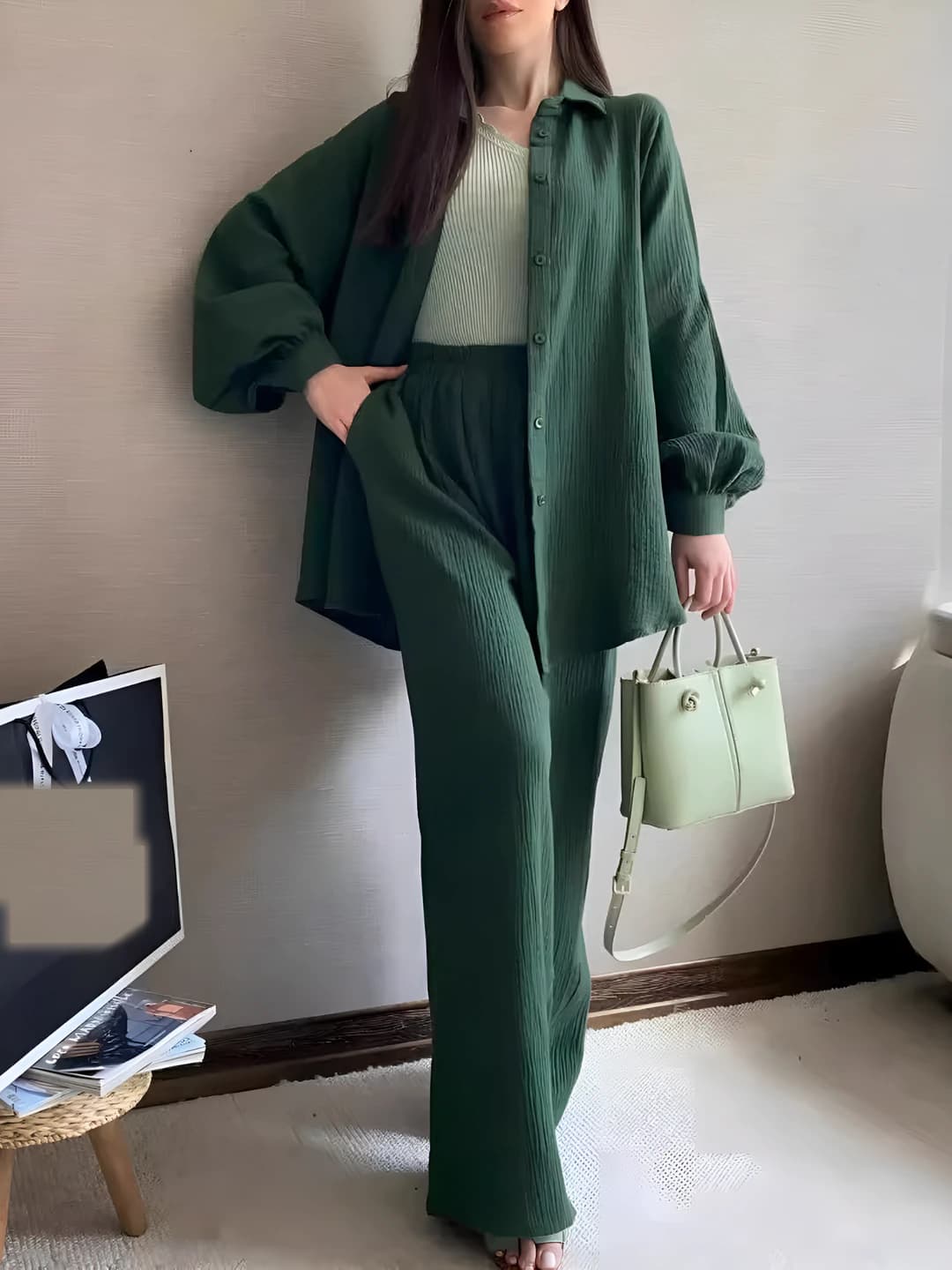 Women's autumn-winter blouse and trousers set: long sleeve, lapel collar, elastic waist, solid colour, casual style