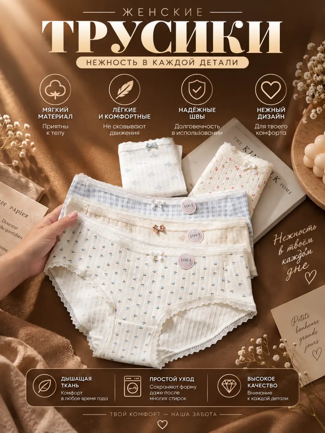 Women's pure cotton briefs, mid-waist, floral pattern, antibacterial, breathable, all-season