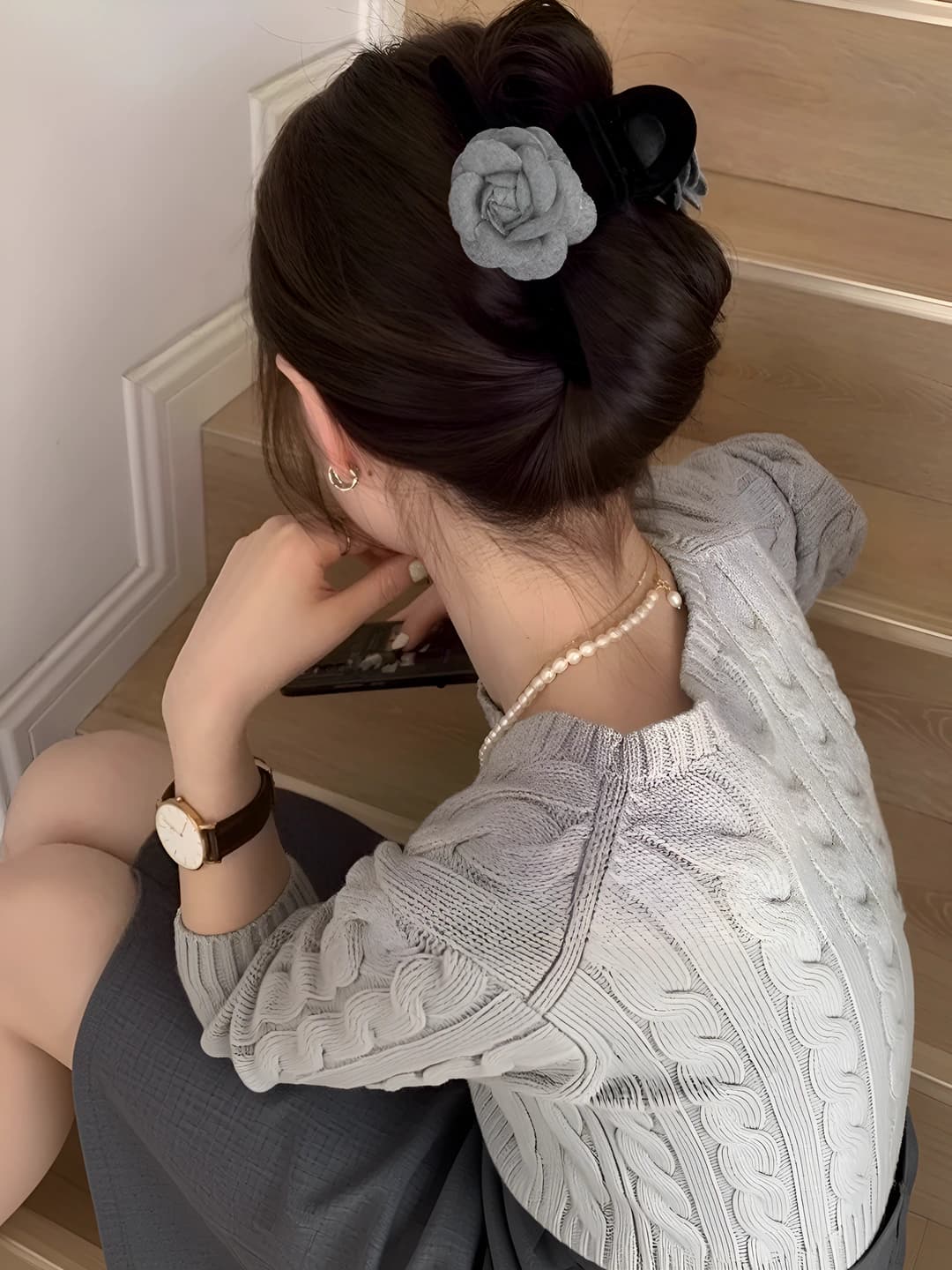 Women's velvet hair claw clip with camellia design in Chanel style for autumn-winter