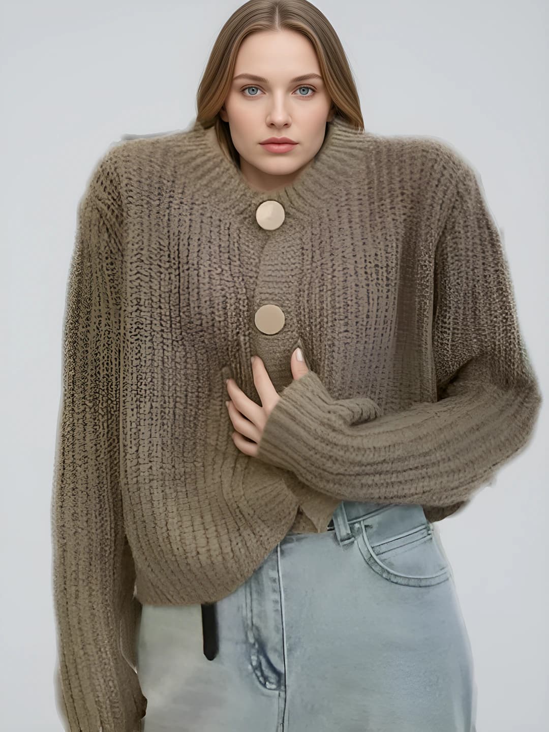 Women's autumn cropped solid colour loose fit cardigan with crew neck, long sleeve, retro style slimming sweater