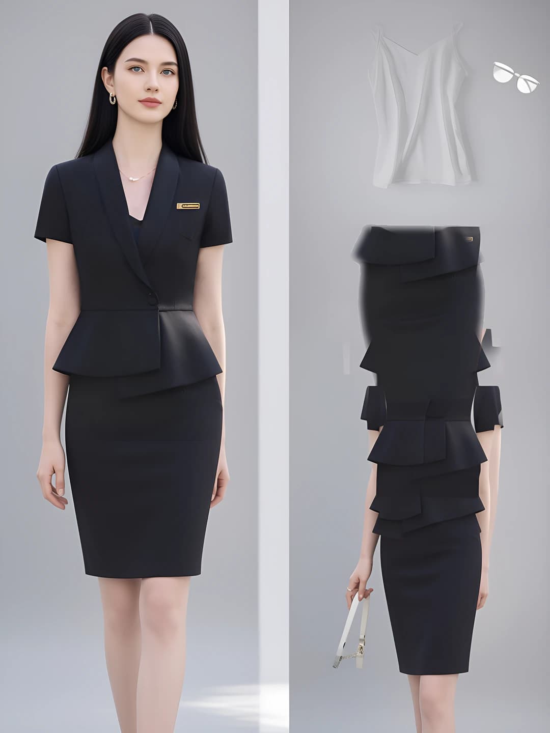 One button - Black blazer + Black skirt + White tank