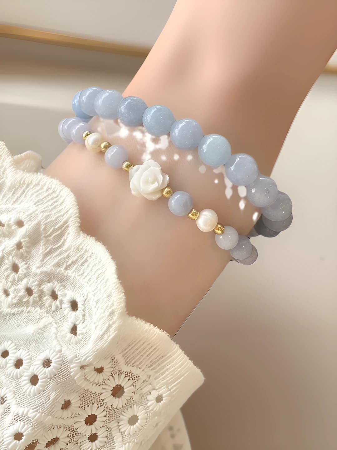 Women's bracelet with natural shell and blue stone, original design