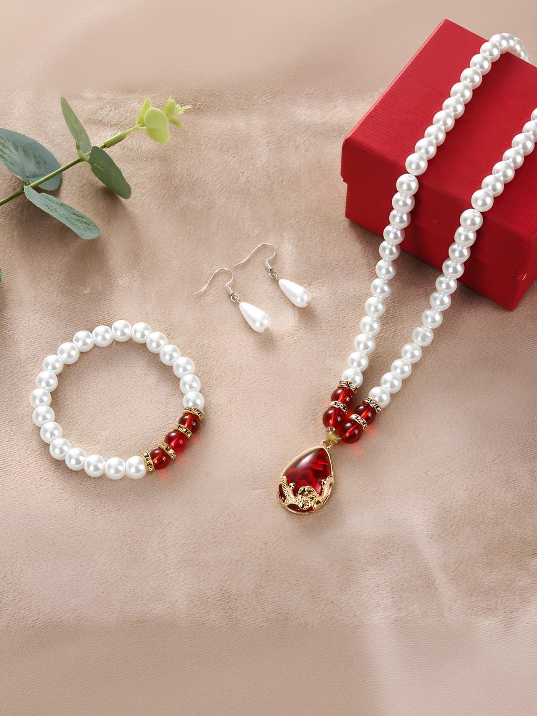 Rose necklace [Red] + 1 bracelet, 1 earring