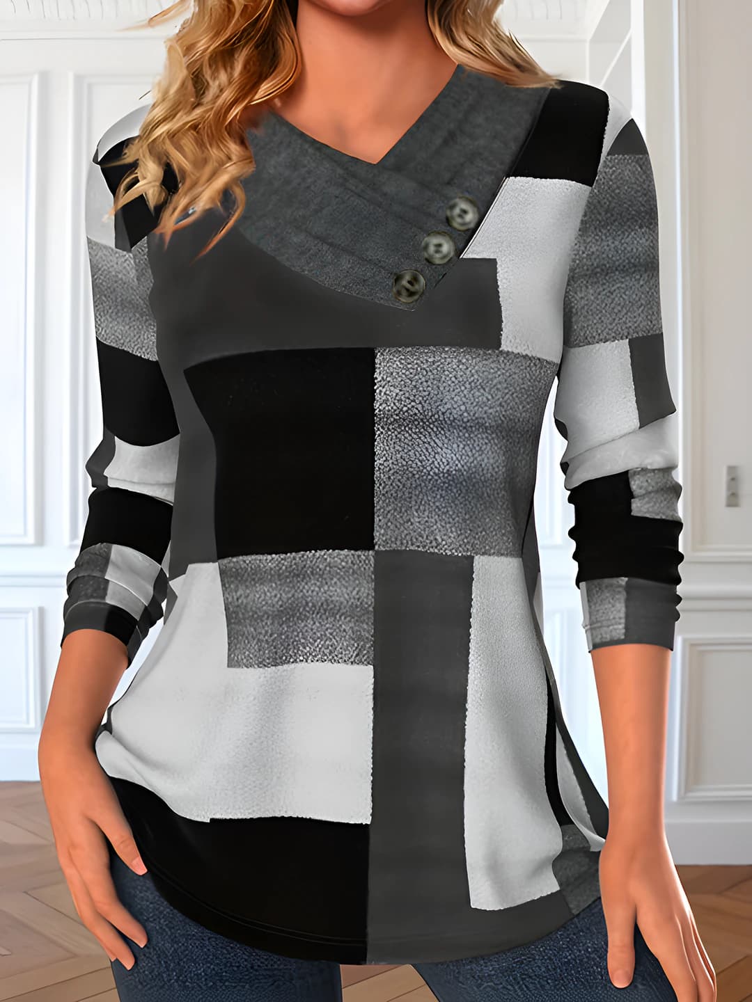 Women's casual loose fit checked printed long sleeve sweater pullover