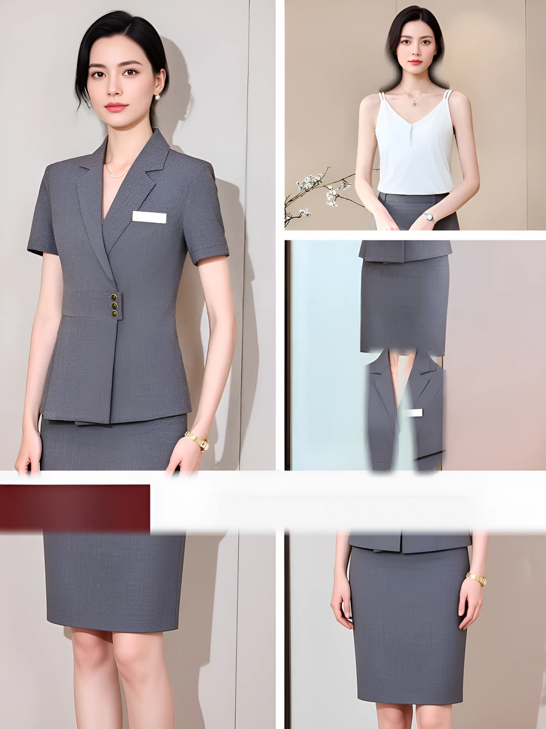 Grey Short-Sleeve Suit + White Tank Top + Grey Skirt