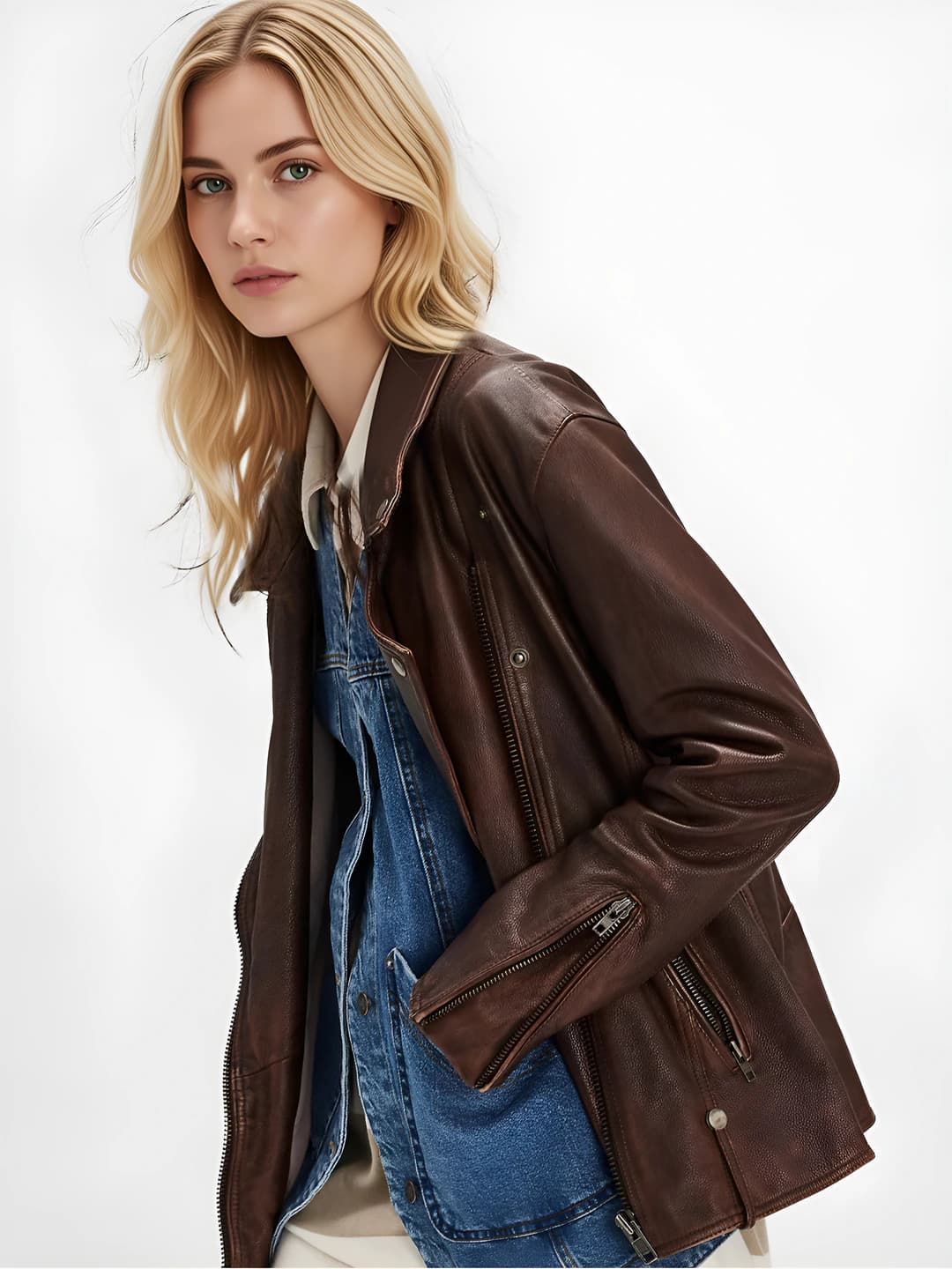 Women's loose fit demiseason jacket with lapel collar, zip closure, made of polyester, slim fit, long sleeve