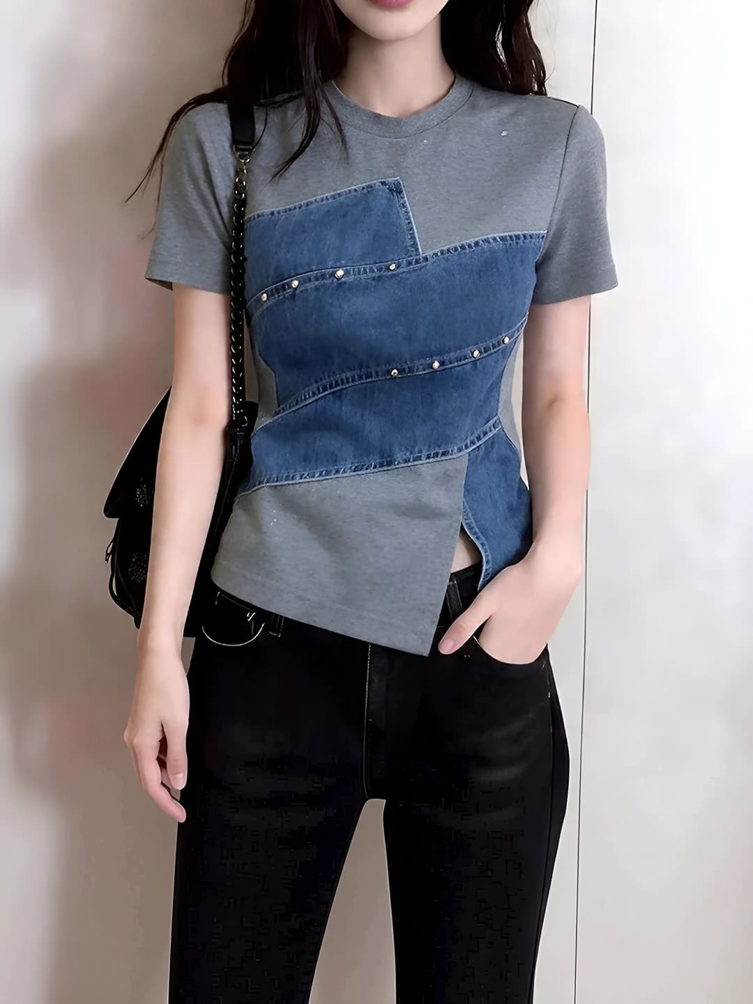 Women's grey short sleeve t-shirt, summer, slim fit, crew neck, casual style
