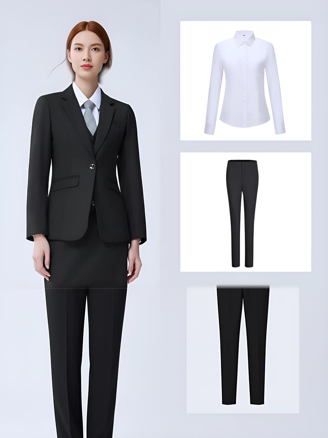 Black suit + women's trousers + shirt