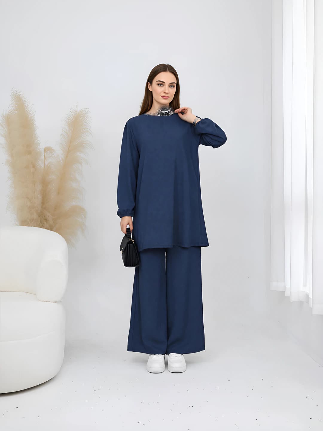 Women's 2026 Loriya casual plus size solid colour set: V-neck long sleeve top and wide-leg trousers
