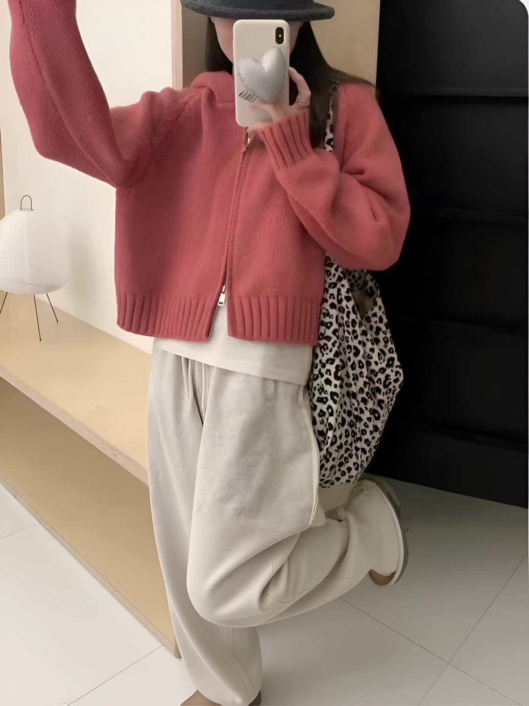 Women's autumn-winter knit cardigan, zip closure, thick, loose fit, long sleeve, solid colour, cropped