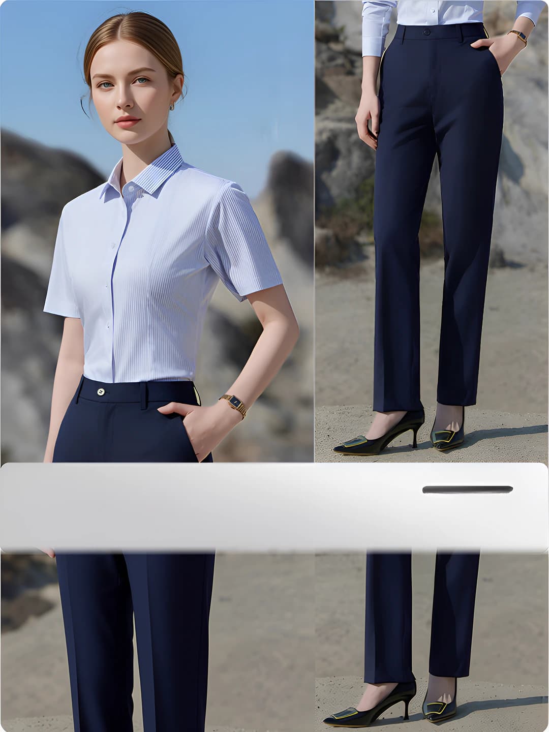 Women short-sleeve - Blue striped + Navy trousers
