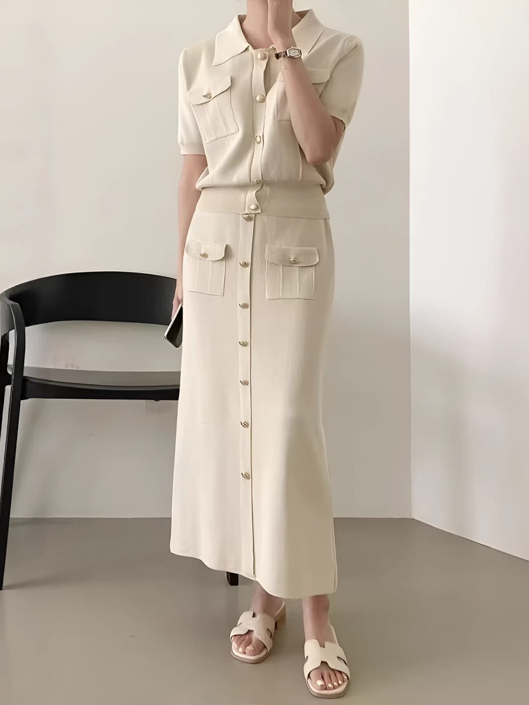 Women's spring polo collar slim fit short sleeve mid-length skirt set in mercerized cotton