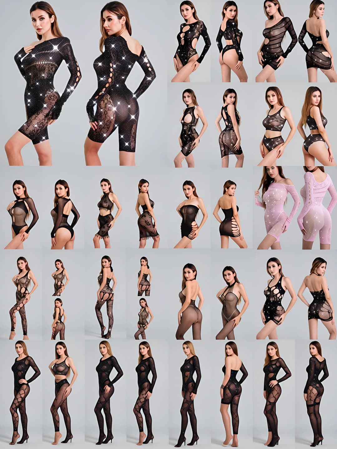 Ayollar uchun shaffof rinstonli erotiki bodysuit ichki kiyim, qora rang, tarmoq mato, qisqichli, 70%–80% naylon