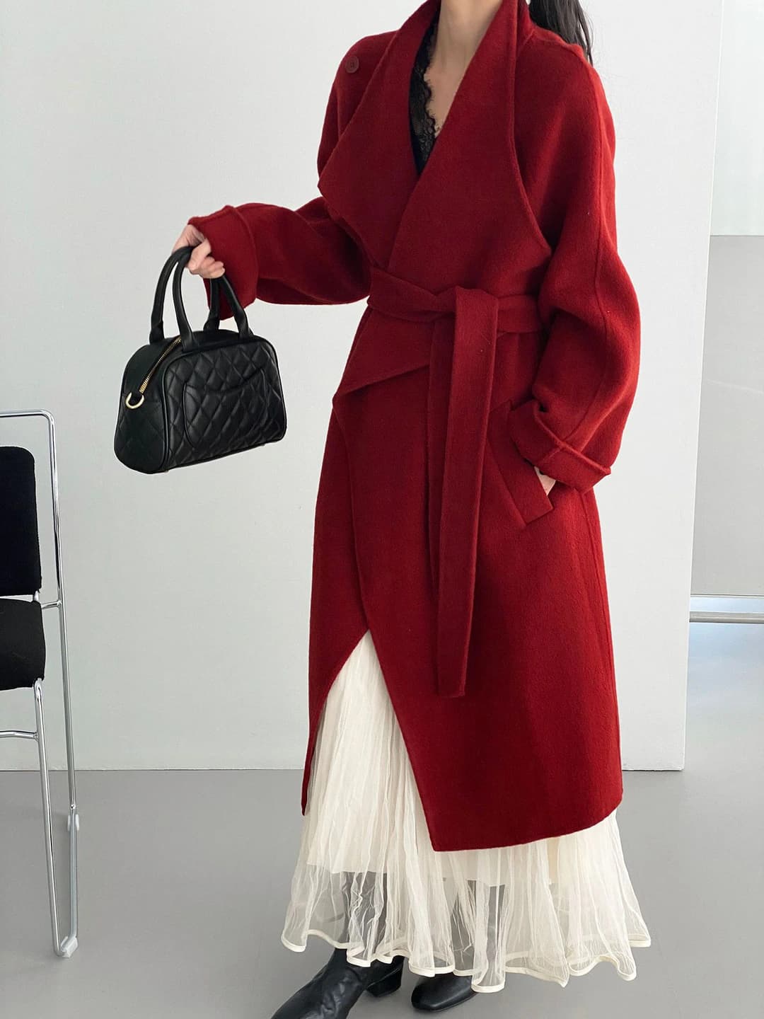 Women's 100% wool coat, red, lapel collar, stand collar, loose fit, long sleeve, solid colour, mid-length