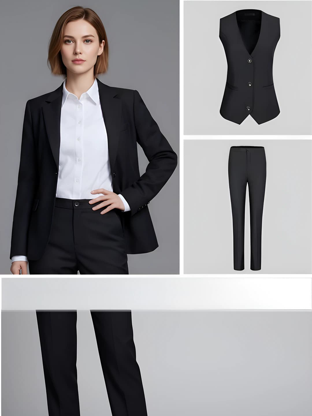 Ayol: Qora kostyum + vest + shim