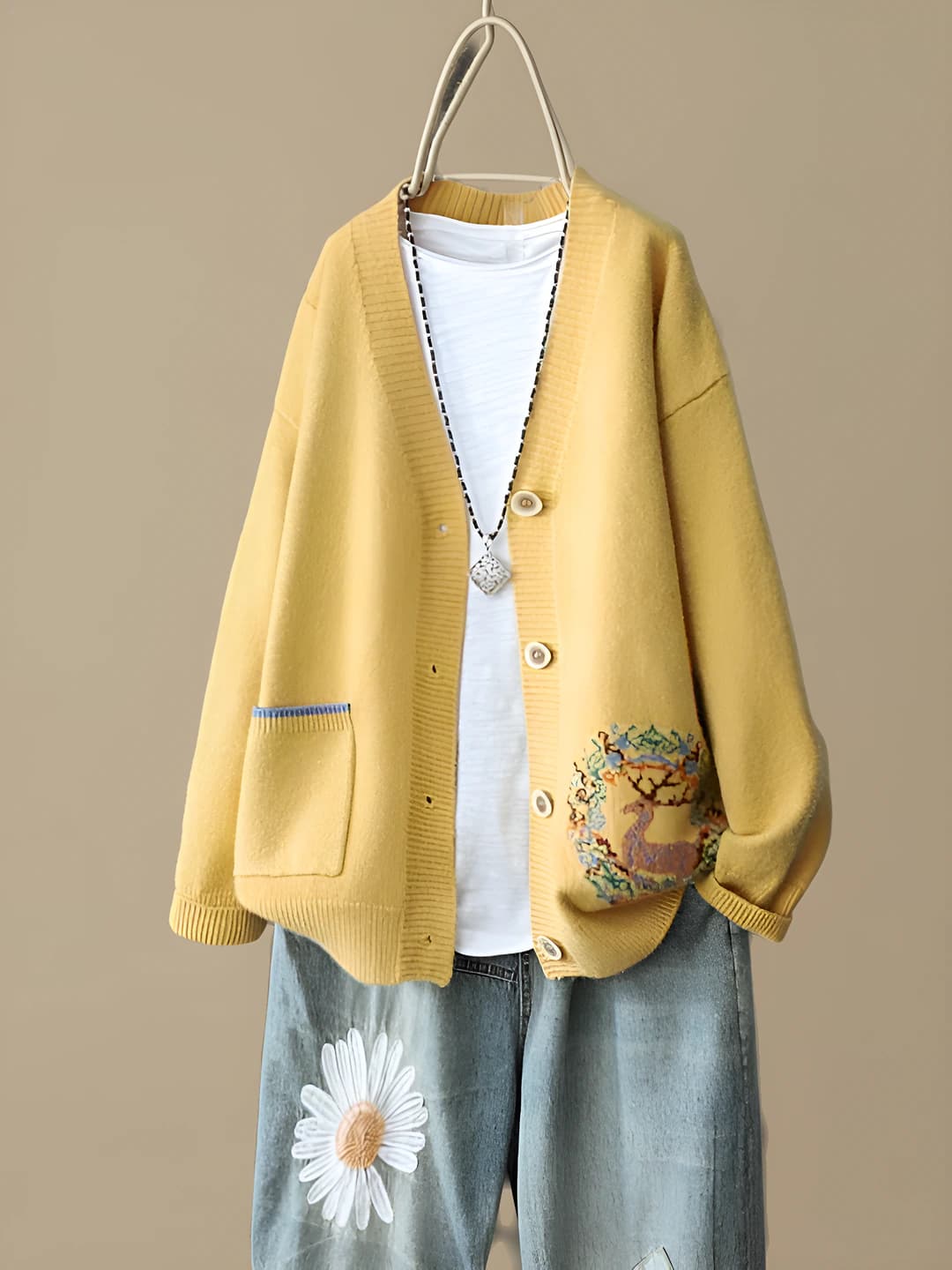 Women's retro V-neck embroidered cardigan, loose fit, long sleeve, Korean style