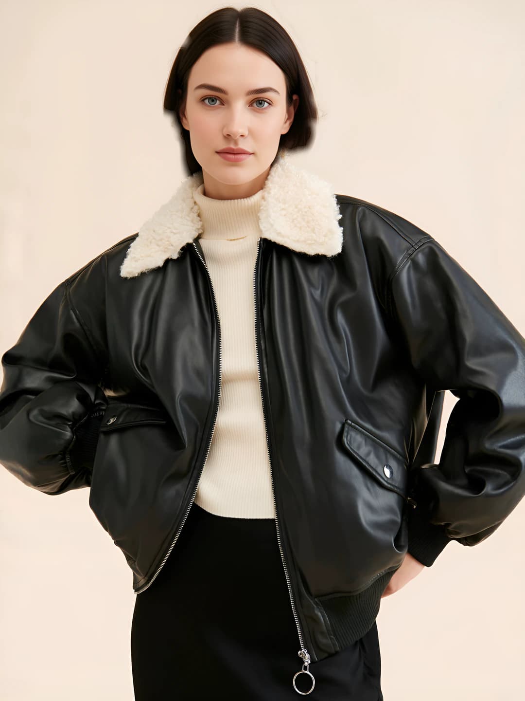 Women's PU leather jacket with shearling collar, zip closure, loose fit, cropped, lapel collar, long sleeve