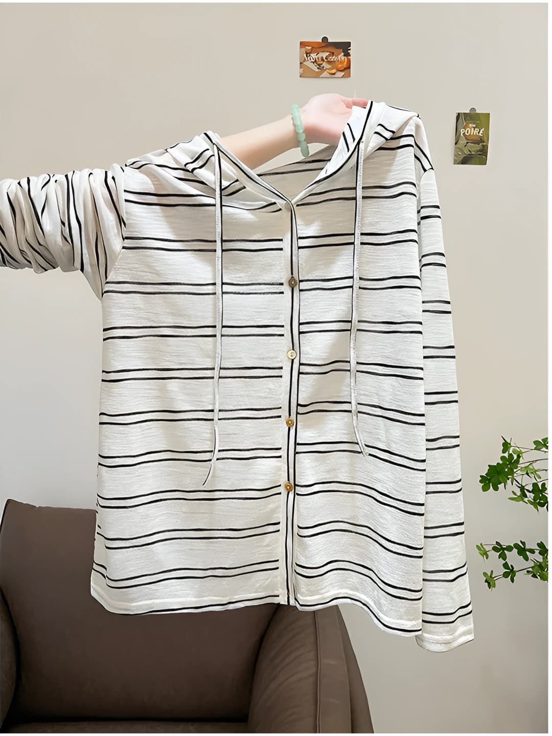 Women's 2026 spring-autumn thin striped hooded top, loose fit, long sleeve, closure: buttons