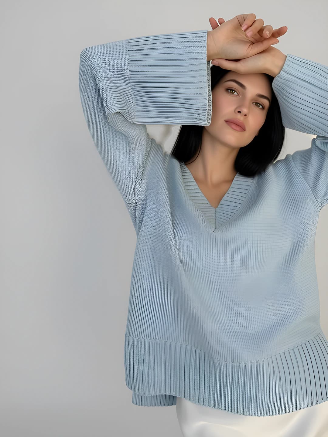 Women's autumn-winter solid colour V-neck long sleeve casual loose fit knit sweater