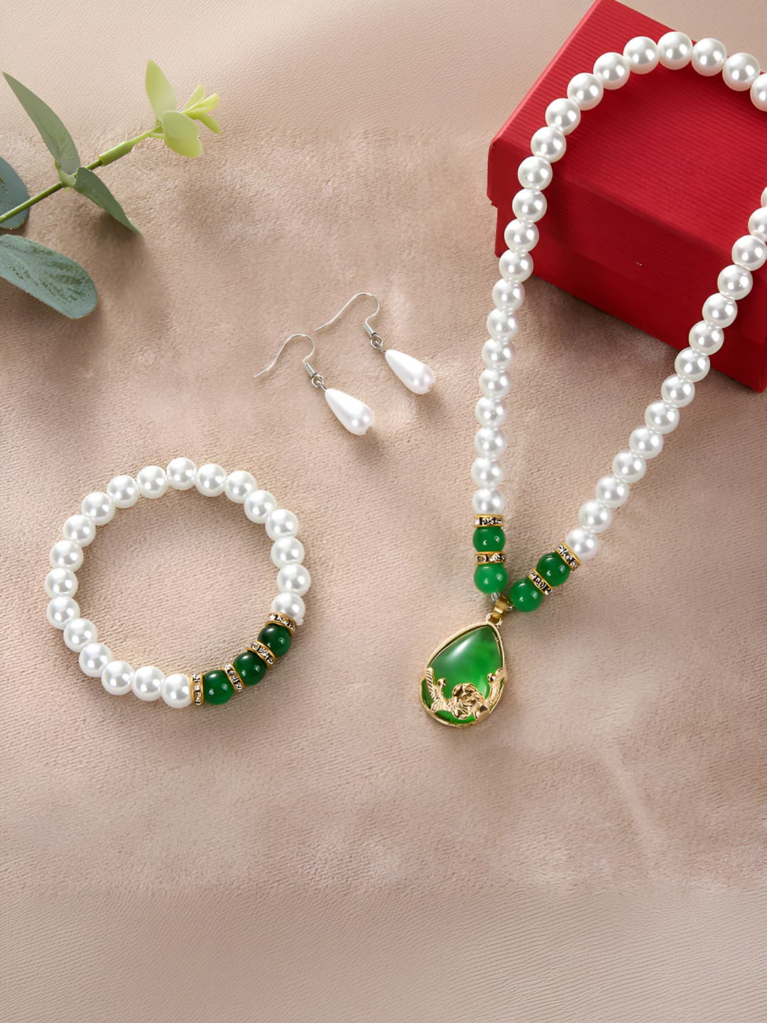 Rose necklace [Green] + 1 bracelet, 1 earring