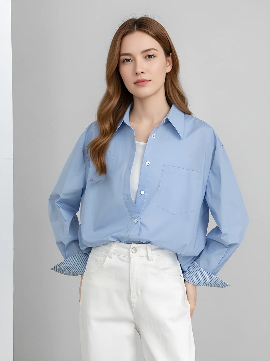 Ayollar uchun to'rt mavsumlik, 95% paxta, POLO yoqali, uzun yengli, bo'sh (oversize) kesimli, yapon-koreys uslubidagi ko'ylak-shirt