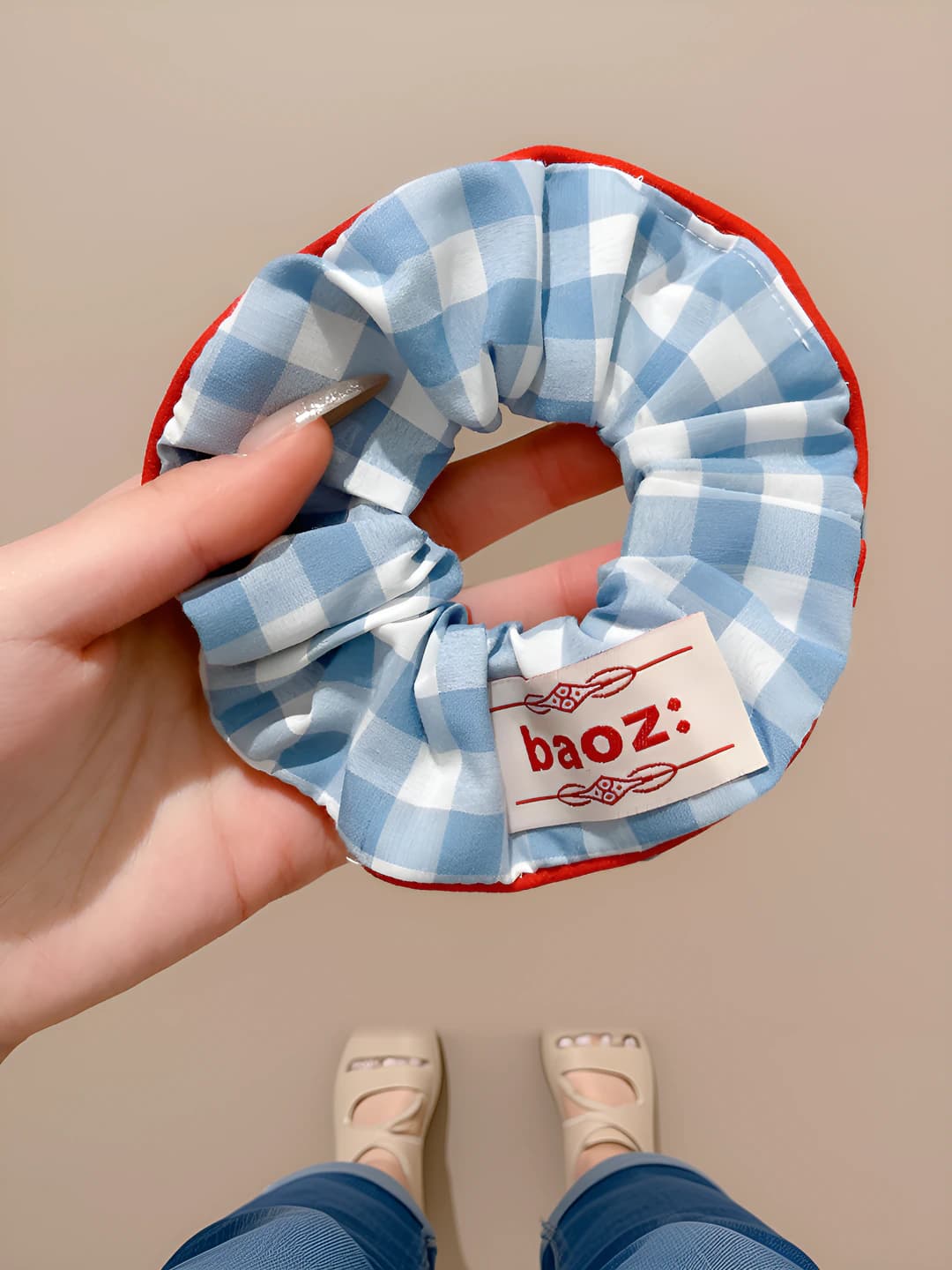 Blue plaid scrunchie ~14 cm