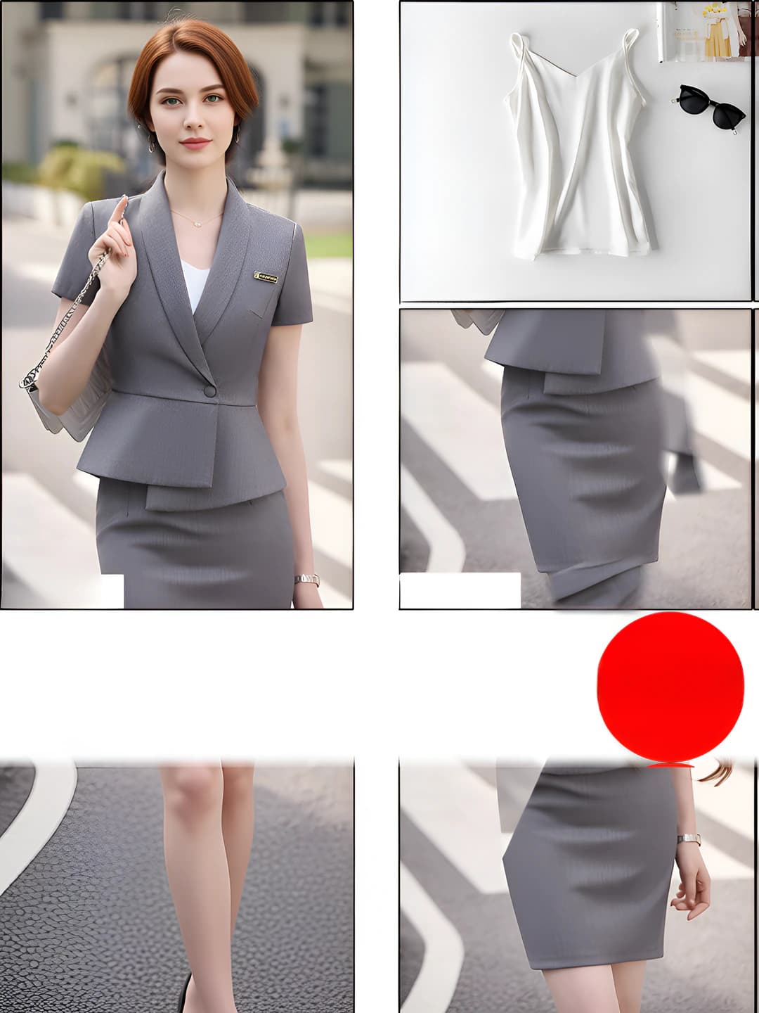 One button - Grey blazer + Grey skirt + White tank