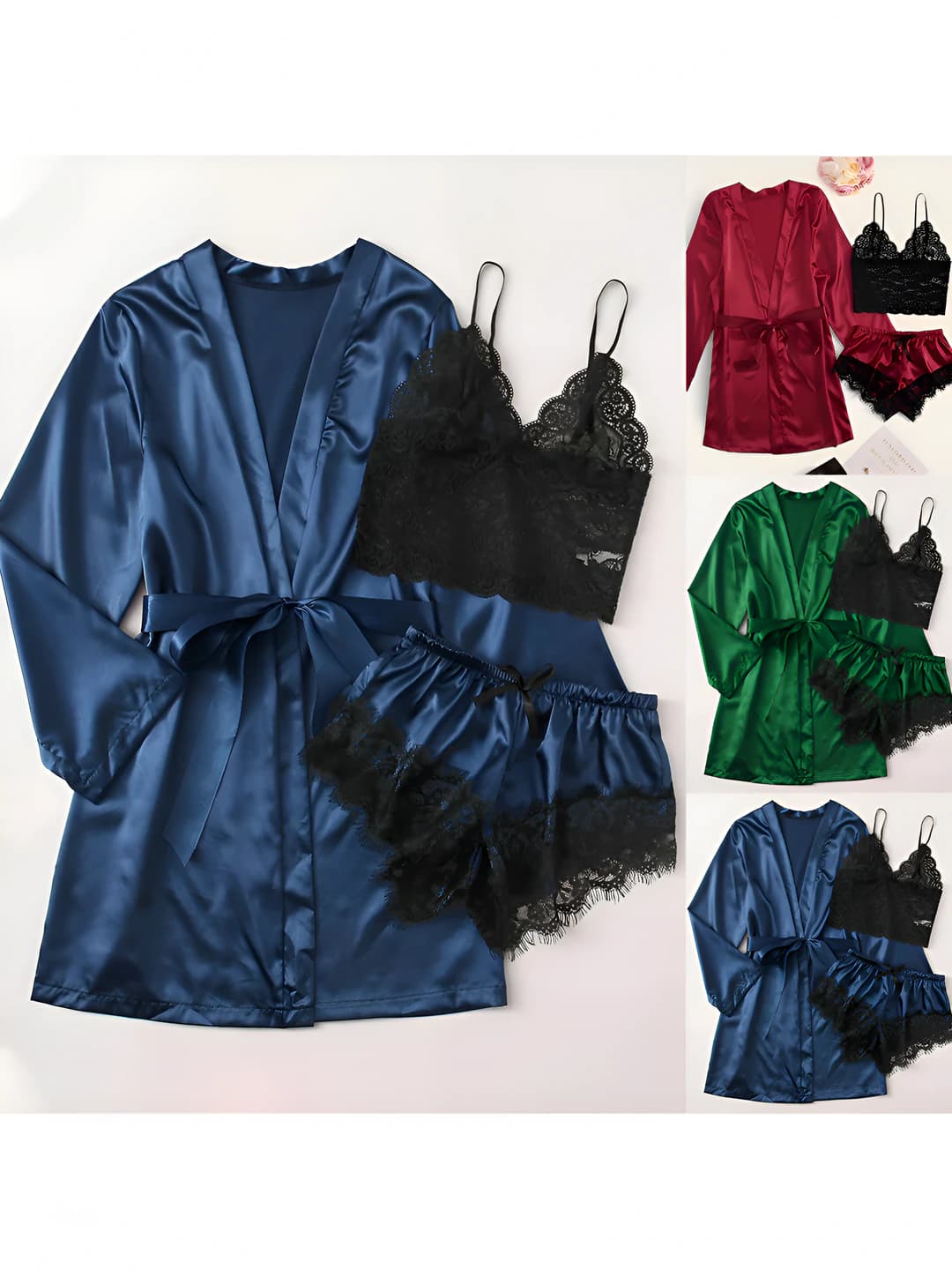 Women's summer home set: satin robe, lace top and shorts (polyester)