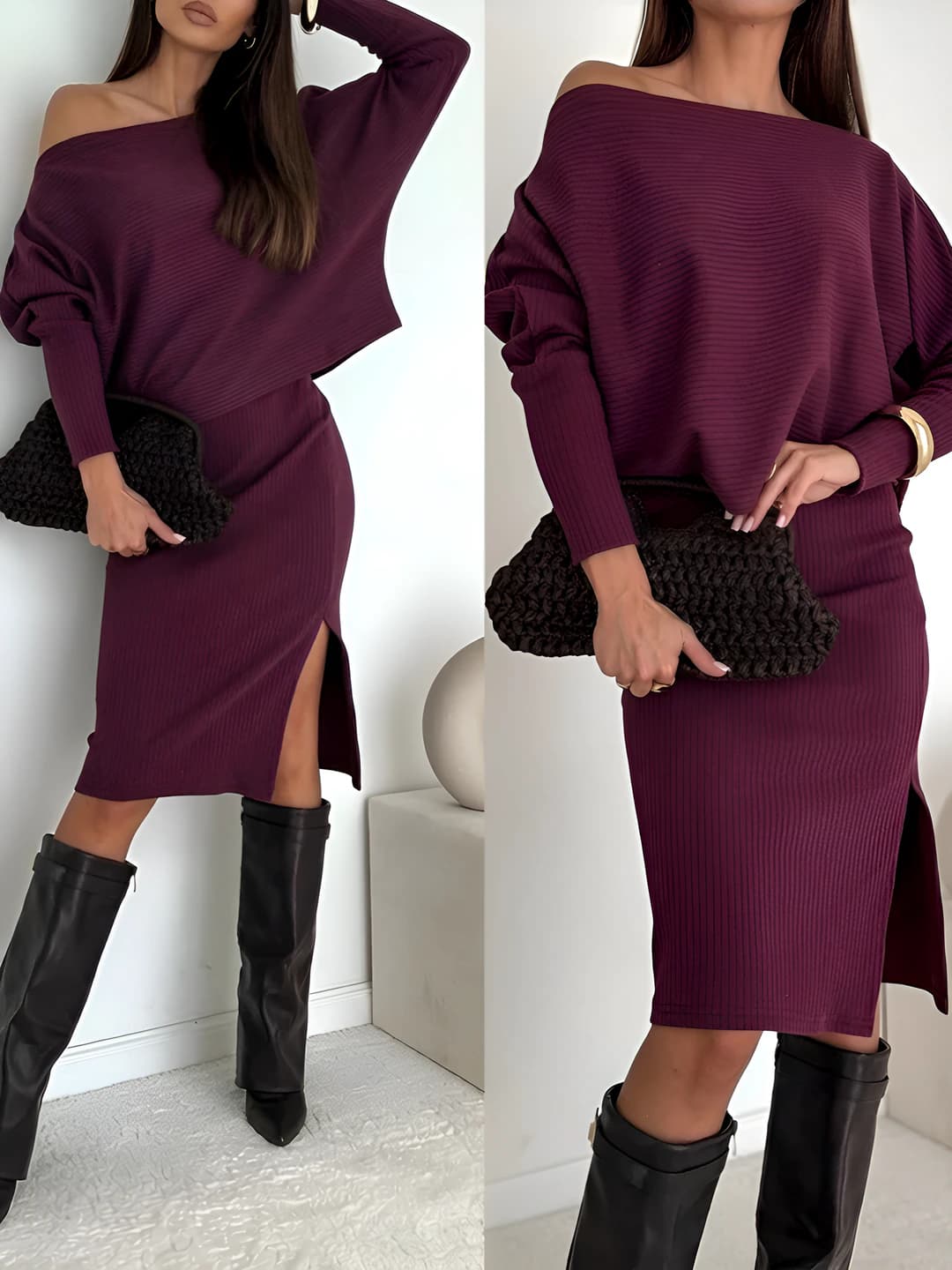 Women's knitted suit: off-shoulder long sleeve batwing t-shirt + slit skirt set
