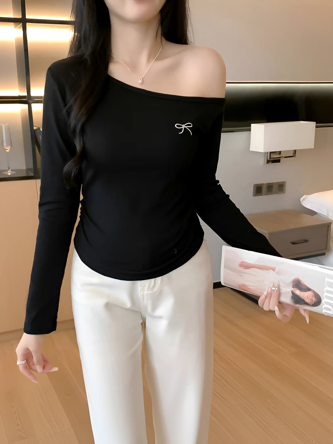 Women's off-shoulder long-sleeve top, autumn 2026, black, embroidered, slim fit, slimming