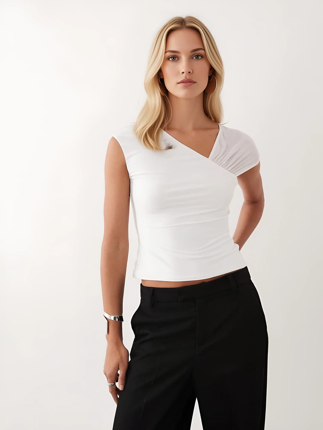 Women's French style asymmetric mesh patchwork sleeveless slim fit slimming cropped crop top