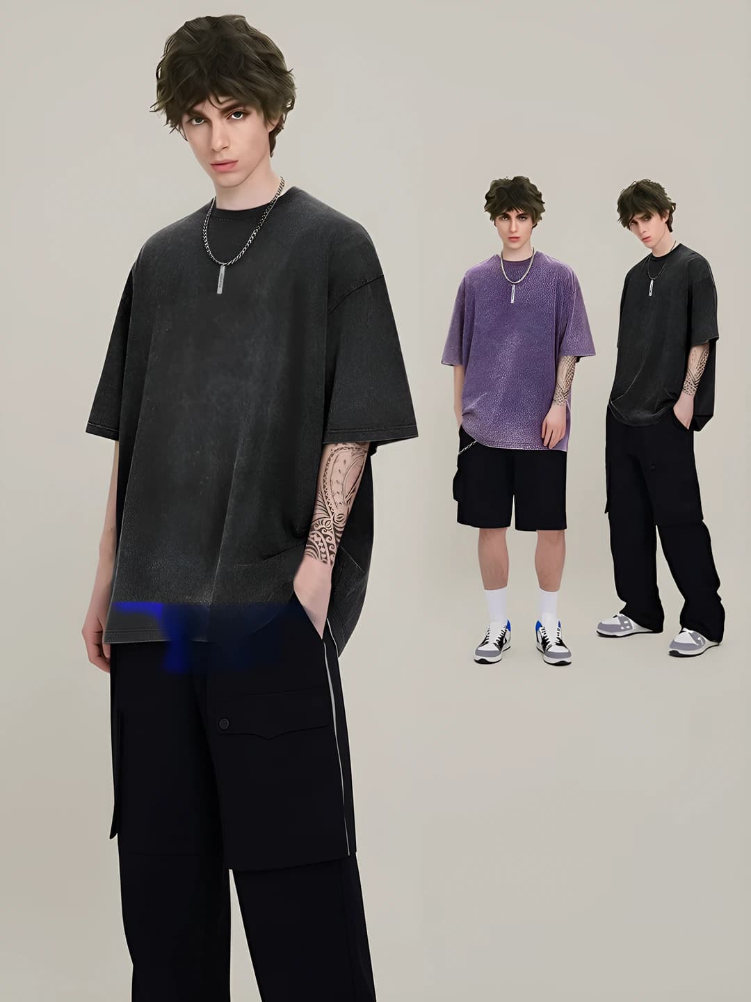 Men's short sleeve t-shirt, 260g heavy, washed, loose fit, wax print, distressed look, plus size