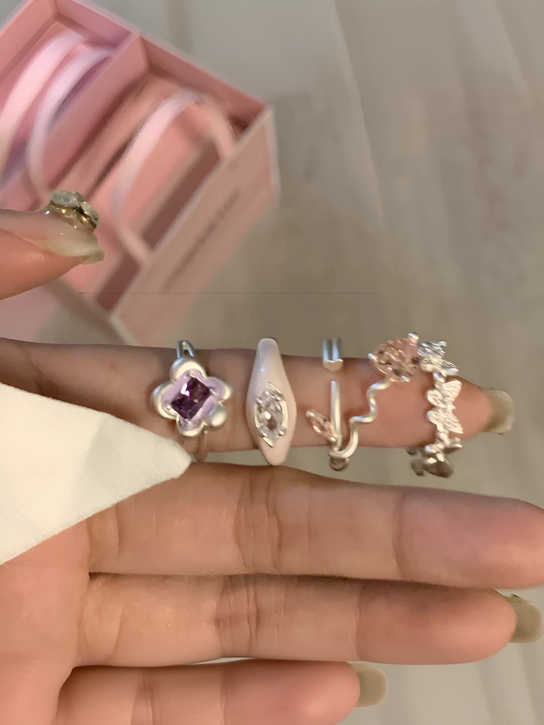 Open ring with colored zircons, flowers and butterfly, women's, Japan-Korea style
