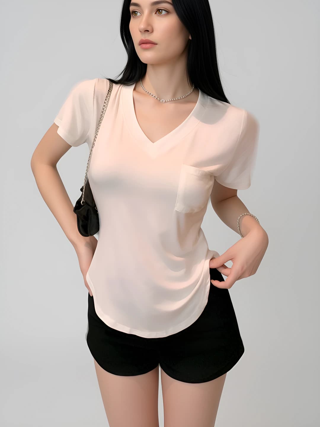Women's summer V-neck short sleeve thin t-shirt, solid colour, slim fit, slimming