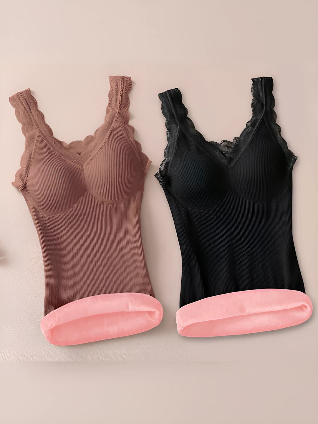 Women's fleece-lined thermal underwear top, lace tank top, thickened, V-neck, double-layer, warm, underwear