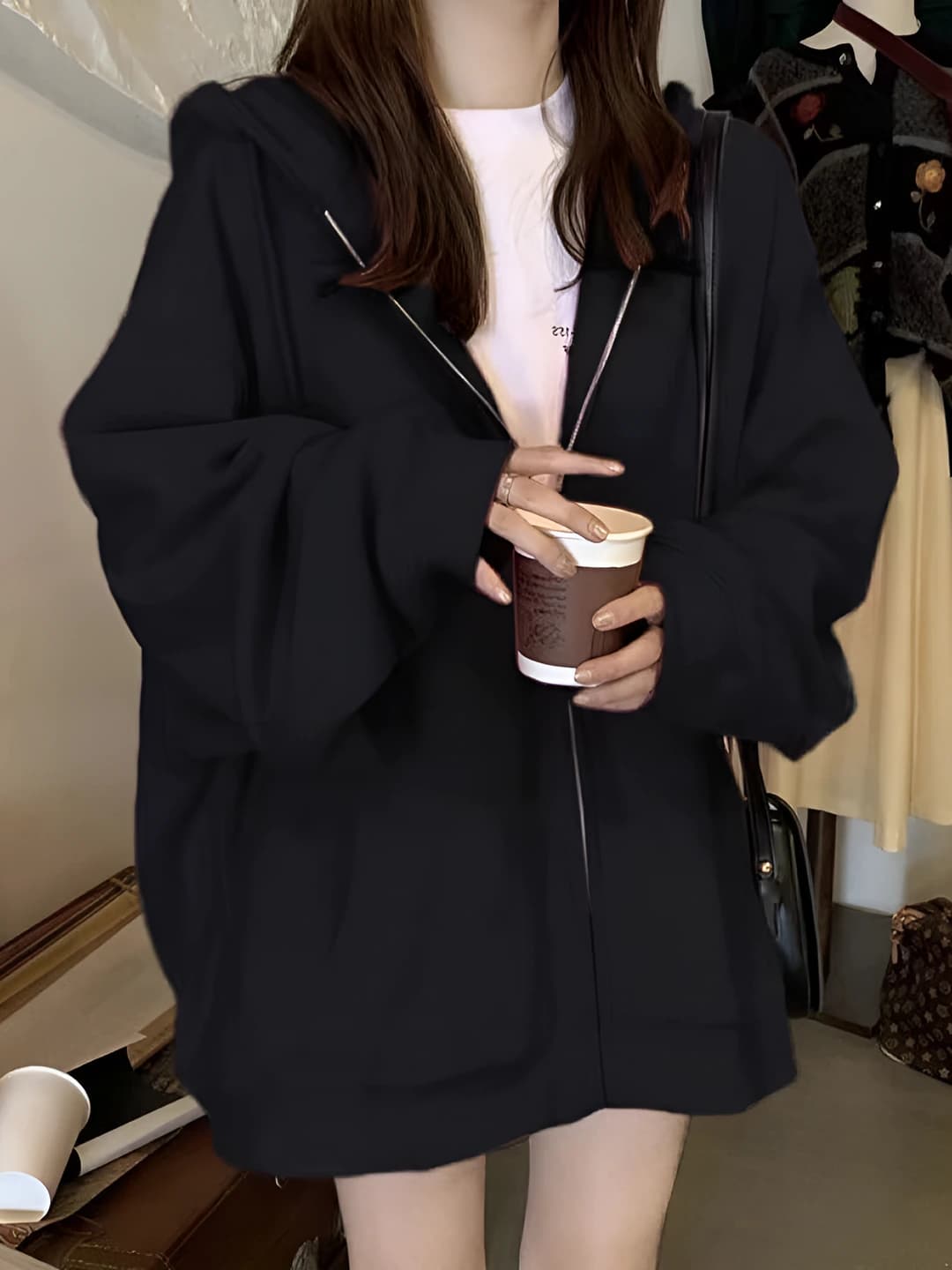 Women's zip-up hoodie, for autumn and winter, loose fit, lapel collar, long sleeve, solid colour, preppy style