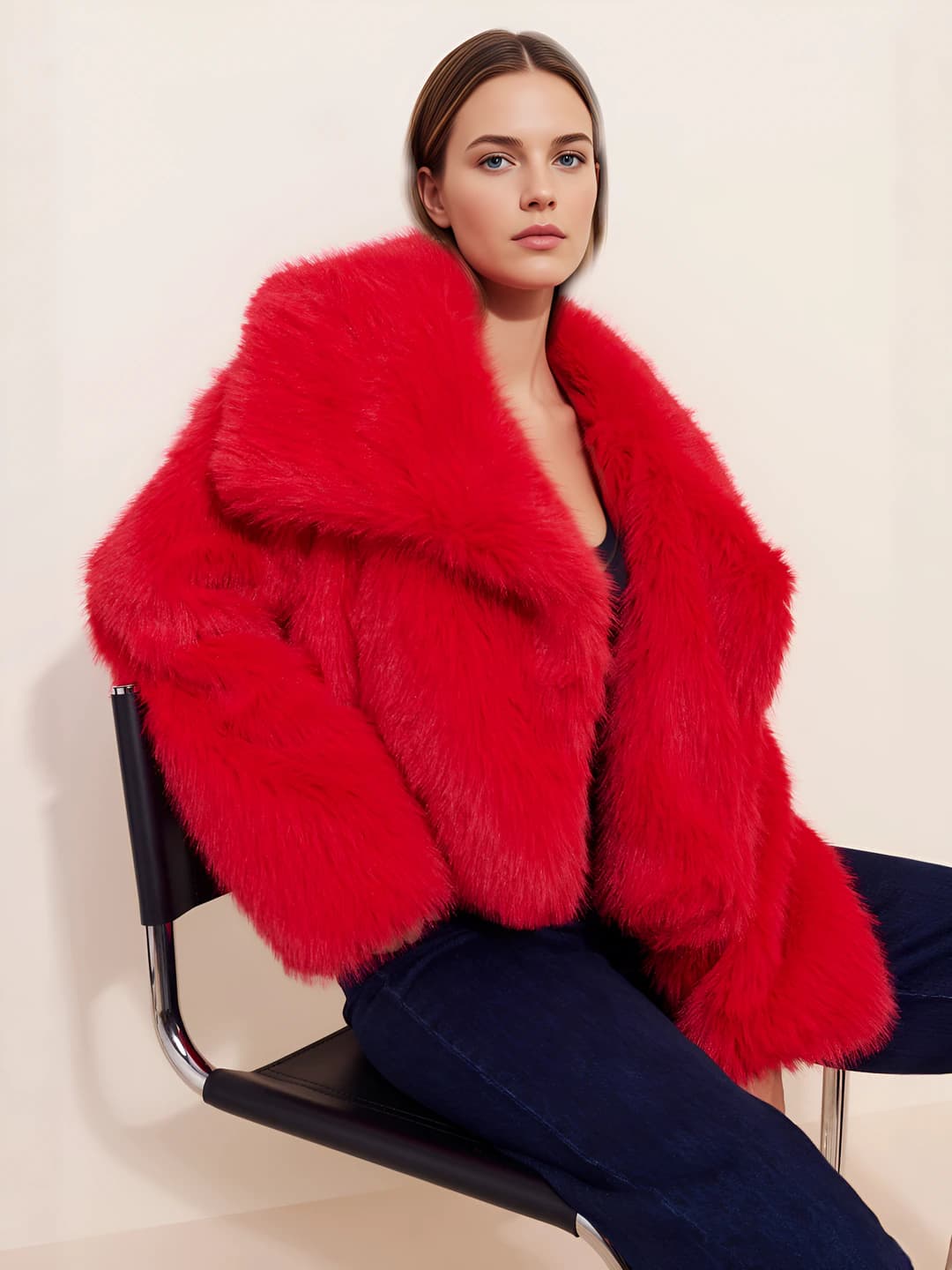 Women's thickened warm faux fur coat with lapel collar, long sleeve, cropped