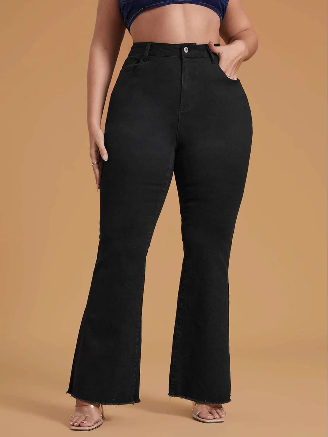 Women's plus size black stretch non-iron trousers, mid waist, wide and flared jeans
