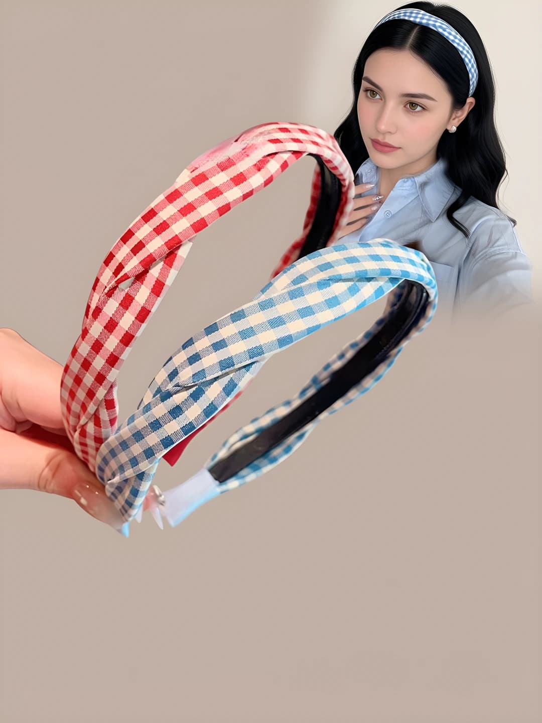 Women's fabric headband with cable knit and checked pattern, non-slip, high crown