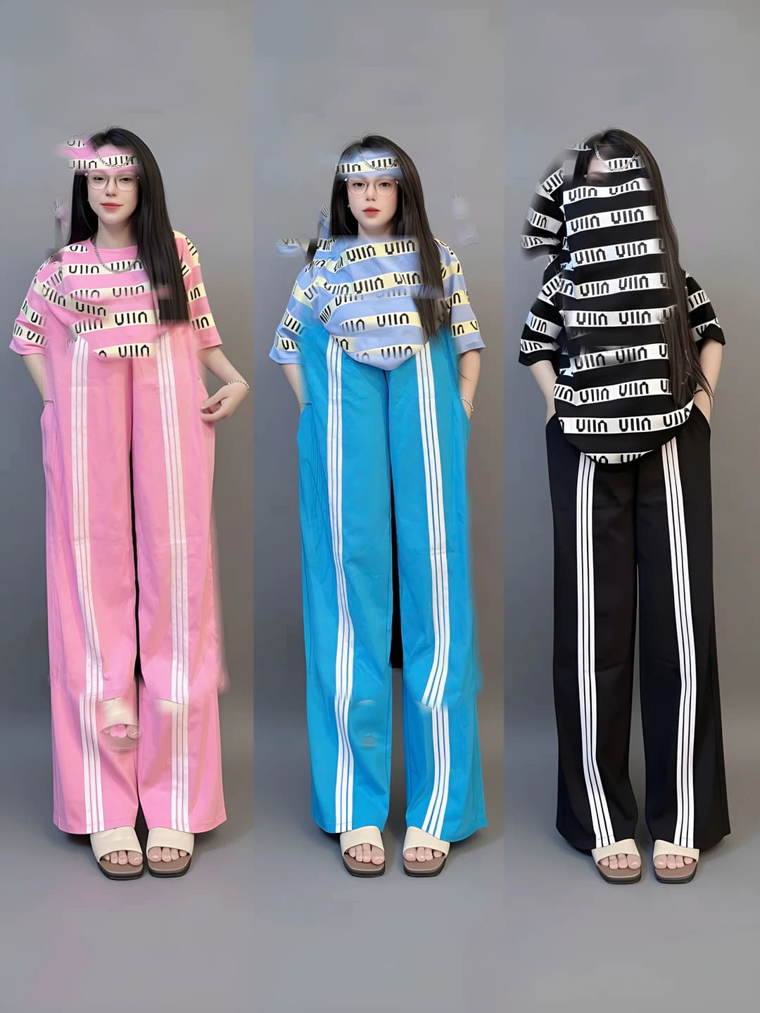 Women's summer set: short sleeve striped printed t-shirt and wide-leg trousers in thin fabric