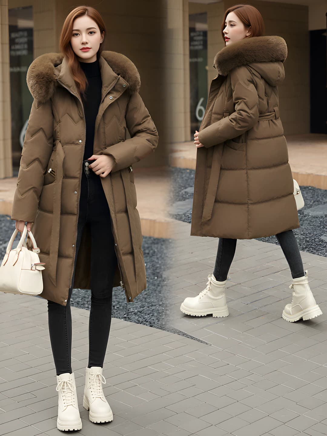 Women's warm, slim fit, long, thickened, solid colour, down-alternative fill, casual down jacket