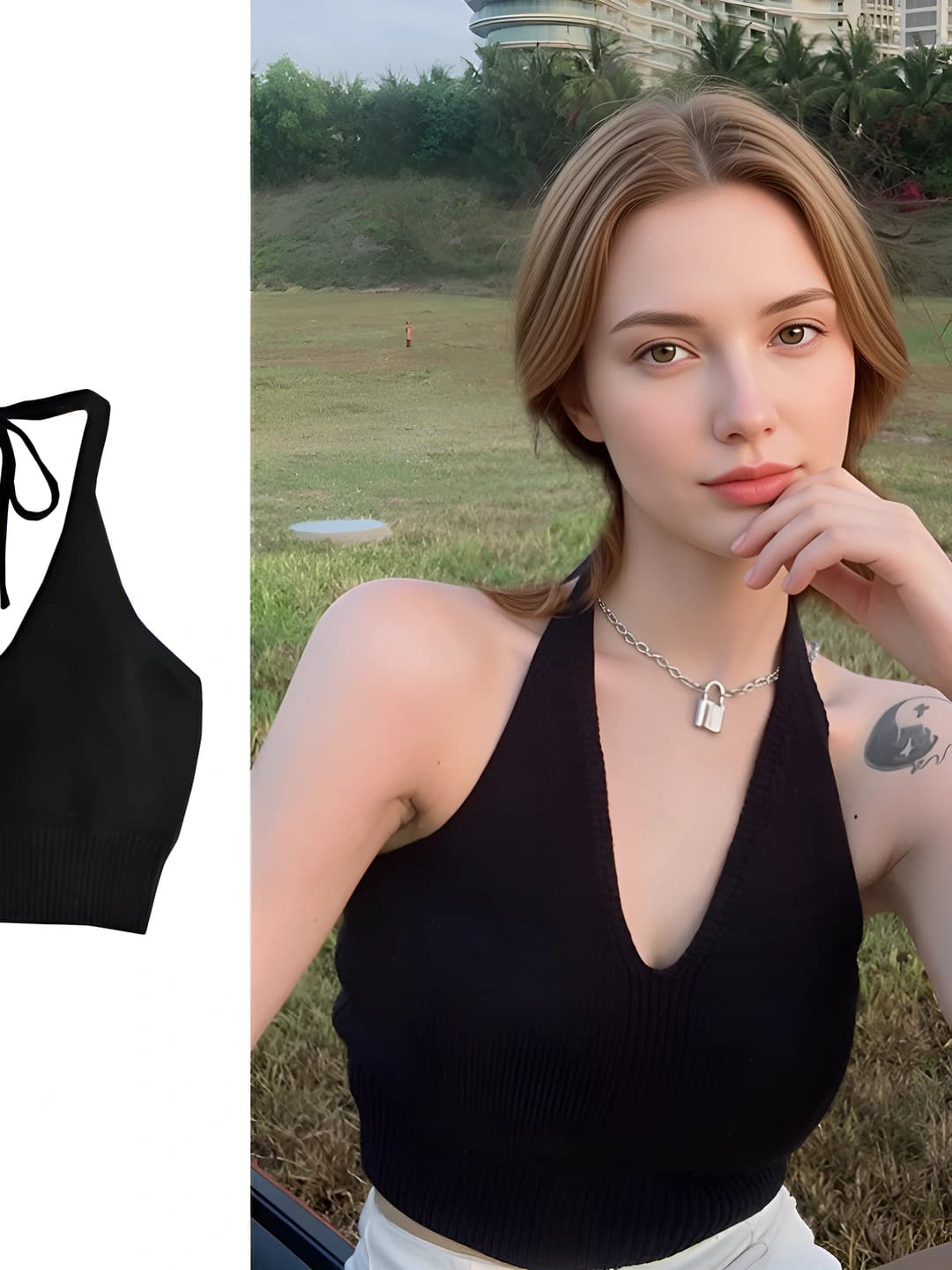 Women's summer knitted halter crop top, V-neck, slim fit, solid colour, stretch