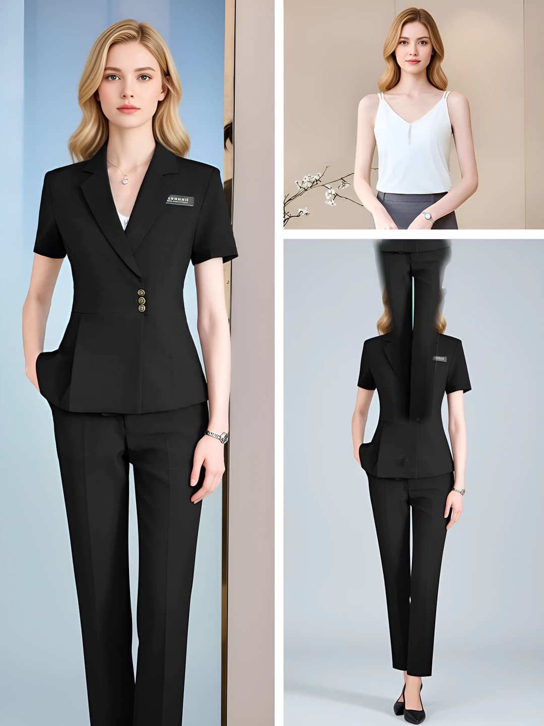 Black short-sleeve suit + white camisole + black pants