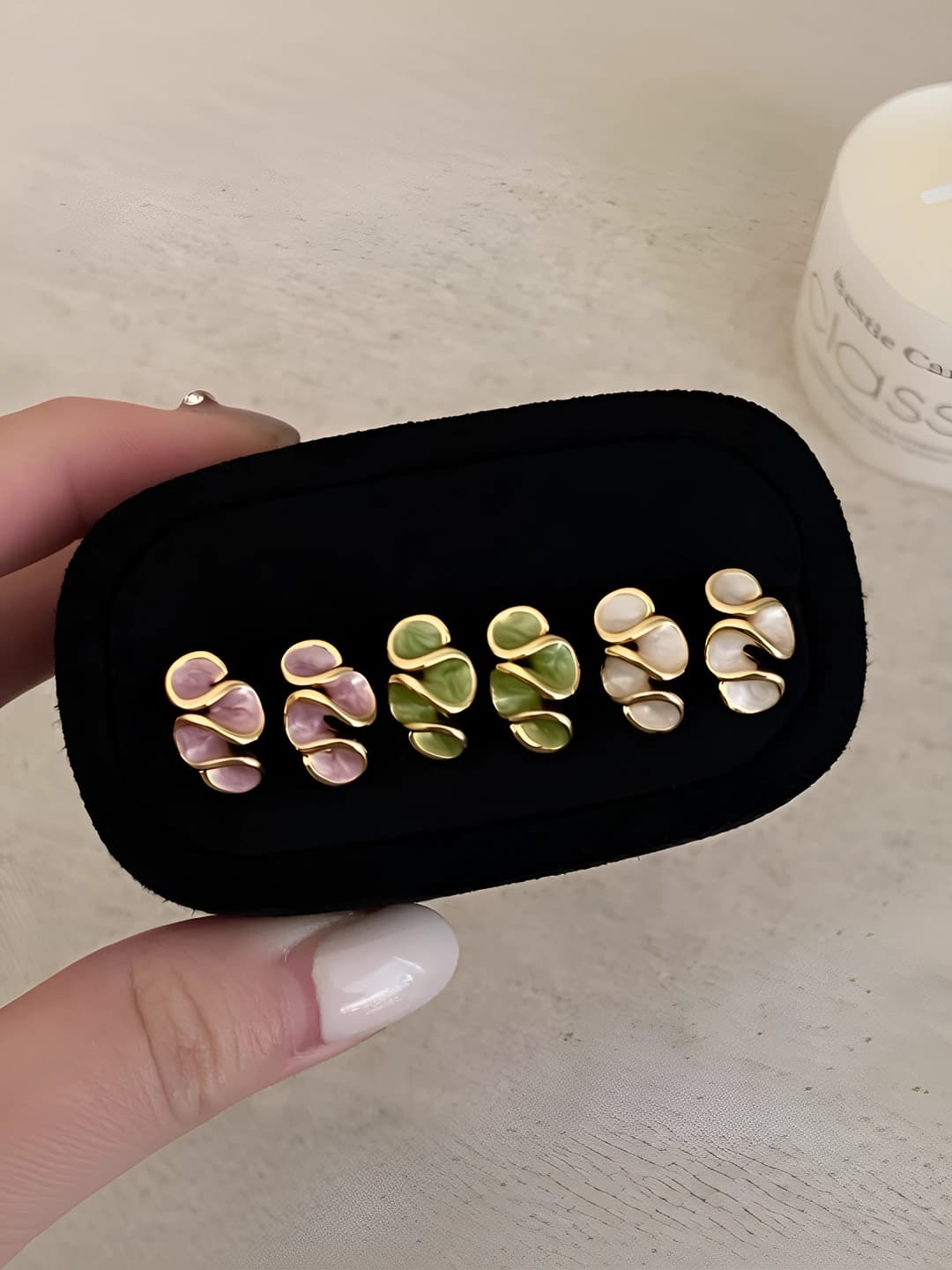 Women's copper geometric stud earrings with asymmetric design element, 18k gold plating and enamel drops