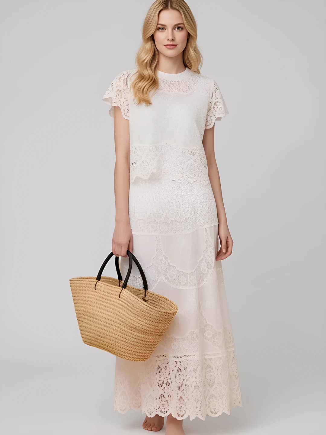 Women's white lace set (top and skirt), elbow-length sleeve, slimming, 95% cotton, all-season