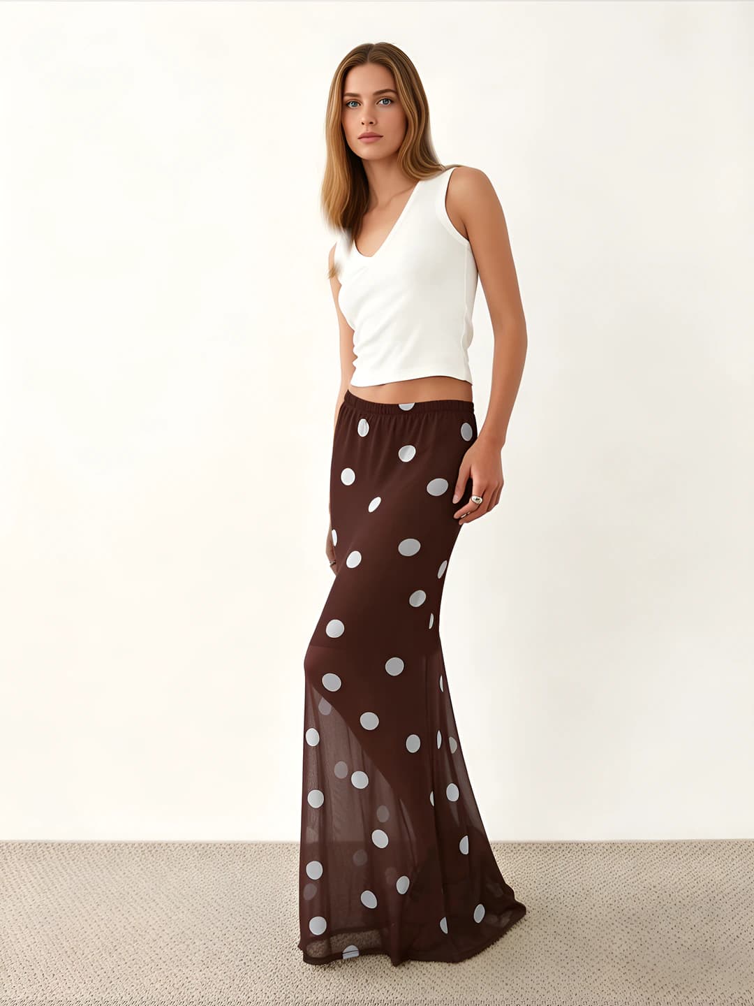 Women's polka-dot sheer mesh long skirt, high waist, slim fit, fish-tail design, casual style